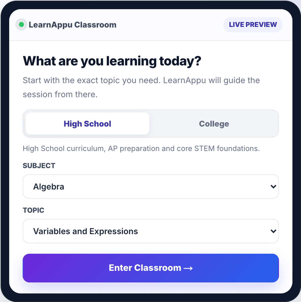 LearnAppu classroom with subject and topic selectors and an Enter Classroom action